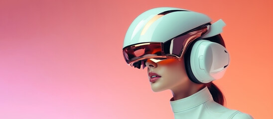 Portrait of a girl wearing a futuristic white helmet on a pink background with copy space. - obrazy, fototapety, plakaty