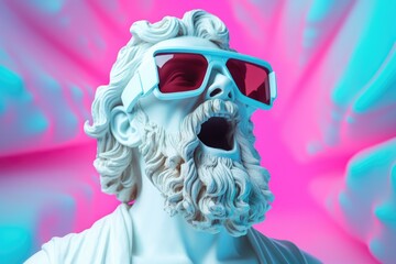 Portrait of an admiring Zeus wearing pink VR goggles against an abstract pink and blue background