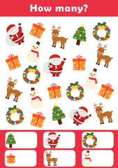 Counting educational children game. Math kids activity sheet. How many counting game with cute christmas illustration.	