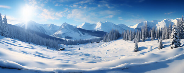 Panoramic view of a snowy mountain range. The mountains are covered in snow and the valley is surrounded by trees. The sky is a clear blue and there are a few clouds in the distance. - obrazy, fototapety, plakaty