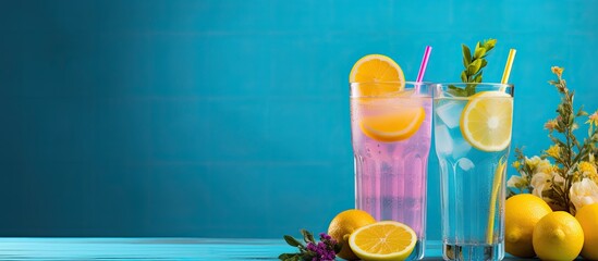 Lemon and lavender flavored summer drink refreshing for parties on a blue backdrop - obrazy, fototapety, plakaty