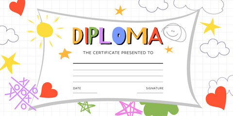 Diploma Template for Kids, Certificate background with Hand Drawn Colourful Drawing for school, Preschool or Nursery. Vector illustration.