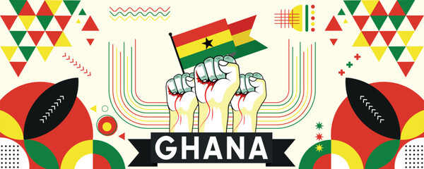 Ghana national or independence day banner for country celebration. Flag of Ghana with raised fists. Modern retro design with typorgaphy abstract geometric icons. Vector illustration.	
