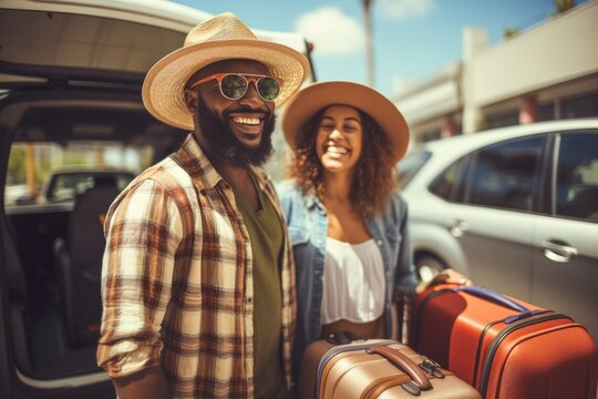 African-American partners traveling by vehicle, putting luggage and baggage