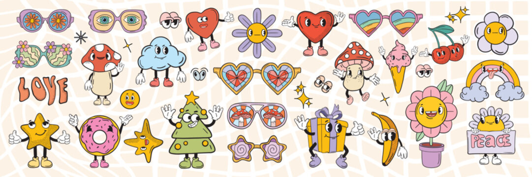 Retro groovy sticker patch set, funny vintage mascot character kit vector cartoon sunglasses. Acid cute psychedelic cloud, pop mushroom comic doodle funky nostalgic print. Hippy groovy sticker hands
