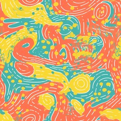 Vivid abstract design with intertwining elements in yellow and teal. Seamless pattern. Creativity and imagination concept. Suitable for wallpaper, backdrop, and print