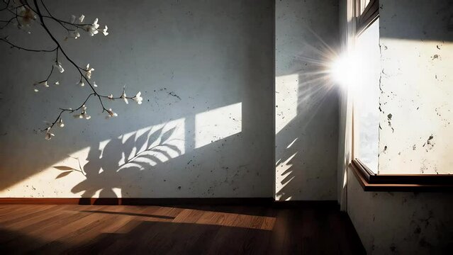 Sunlight streams through a window, casting plant shadows on a textured wall adorned with white blossoms, home interior concept
