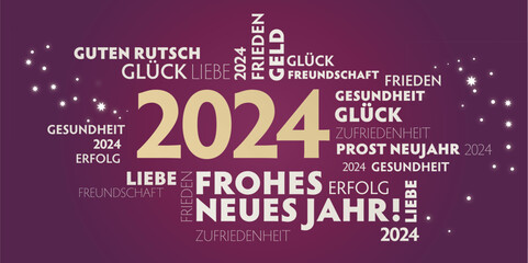 Neujahrsgrüße 2024 - weiße Schrift auf purpurfarbenem Hintergrund und goldener Jahreszahl - deutsch - obrazy, fototapety, plakaty