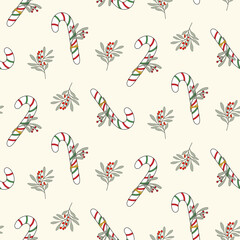 Seamless pattern with Christmas candy canes and berries. Holiday design for Christmas home decor, holiday greetings, Christmas and New Year celebration. 