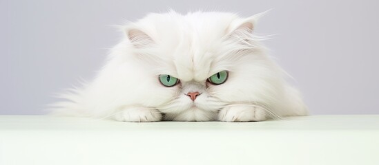 The adorable white Persian cat with its stunning green eyes lazily lounged on the floor while...