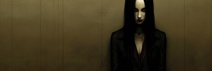 Fototapeta na wymiar modern gaming website banner template featuring goth female spooky eerie atmosphere greys smoke