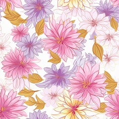 Soft pastel floral arrangement on white canvas. Seamless pattern. Gentle and calming mood. Design for wallpaper, backdrop, textile