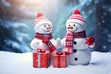 Cheerful snowmen exchange Christmas presents - with space for text