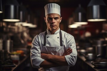 A confident sous chef stands in the restaurant's professional kitchen area with his arms crossed while looking trustingly at the camera.