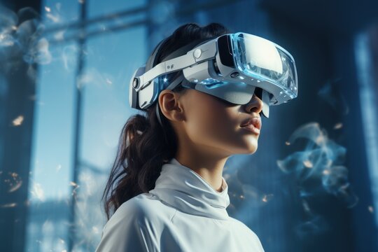 Concept futuristic design. Asian woman Architect or Engineer wearing VR headset for working design 3D