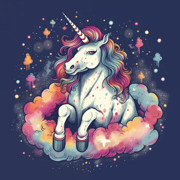 Painting of a unicorn horse sitting on fluffy clouds, solid background, joyful and heavy, cute. With Ai generated art.