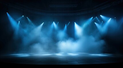  blue theatrical stage stage background with smoke and glowing spotlights, in the style of tokina at-x 11-16mm f/2.8 pro dx ii, haunting atmosphere, matte photo, reimagined by industrial light and mag - obrazy, fototapety, plakaty