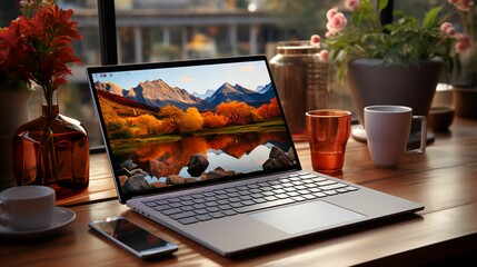 AI generated illustration of a modern wooden desk with a laptop and two cups of coffee