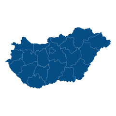 Hungary map. Map of Hungary in administrative regions in blue color