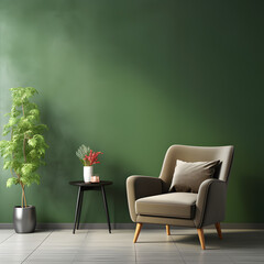Living room with green armchair on empty dark green wall background. 3d render.