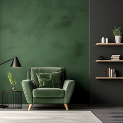Living room with green armchair on empty dark green wall background. 3d render.