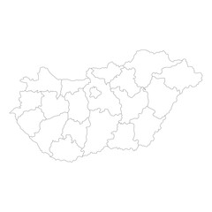 Hungary map. Map of Hungary in administrative regions in white color