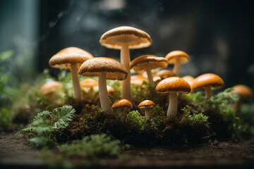 Glowing mushroom lamps with fireflies in magical forest. photo created using Leonardo AI platform