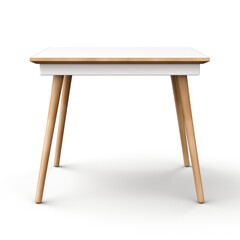 A table with a white top and wooden legs.
