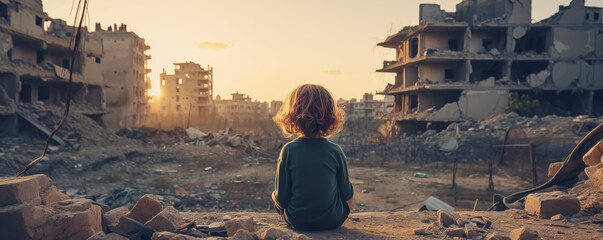 Lonely child standing in a destroyed city during the war. Concept of a humanitarian and demographic catastrophe. - obrazy, fototapety, plakaty
