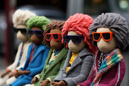closeup of hipster crocheted puppets