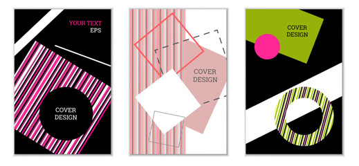 Geometric cover design, set of 3 covers. Abstract unusual background in Memphis style. Bright geometric shapes in random order