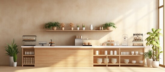 Korean cafe interior with sage green counter bakery display plants brick wall morning sunlight homemade feel mockup background