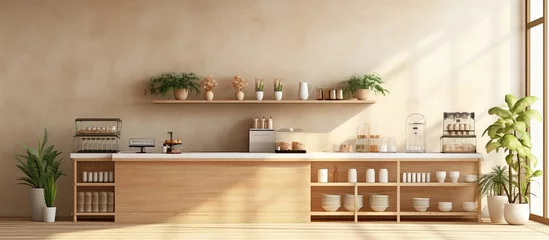 Foto op Canvas Korean cafe interior with sage green counter bakery display plants brick wall morning sunlight homemade feel mockup background © Vusal