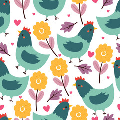 seamless pattern cartoon chicken and flowers. cute animal wallpaper illustration for gift wrap paper