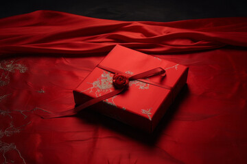 Expressing love and care through an exquisitely wrapped present, nestled in the soft elegance of red fabric.