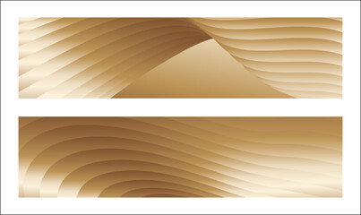 Wavy golden parallel gradient lines, ribbons, silk. Golden with shades of yellow background, banner, poster. Set of 2 backgrounds. Eps vector