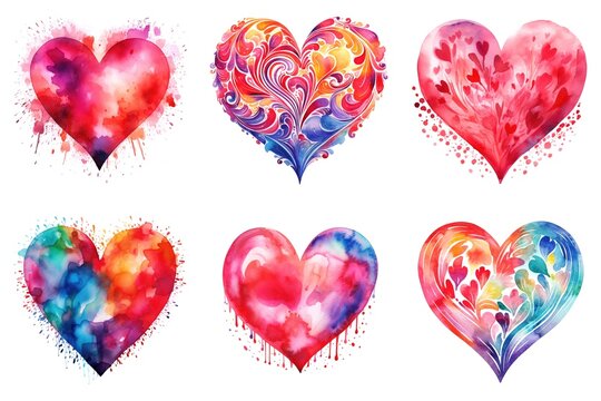 A set of six watercolor painted hearts.