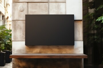 Square singboard or signage on the marble wall with blank black sign mock up.