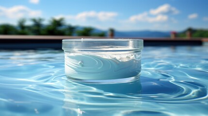 an overturned jar of cream sitting on top of water