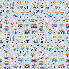 LGBT stickers seamless pattern in doodle style. LGBTQ set. LGBT pride community Symbols. Rainbow colored elements. Vector illustration.