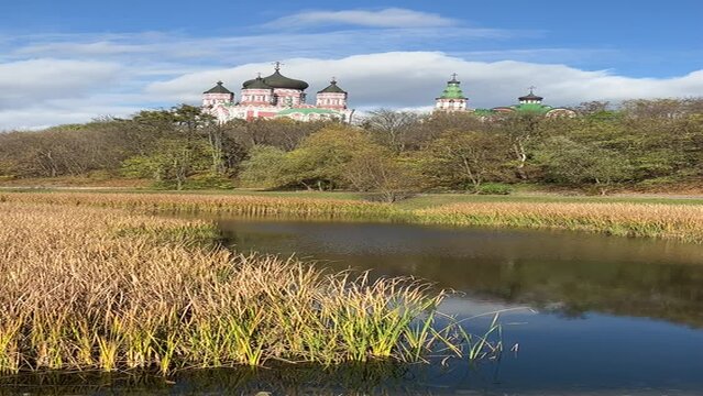 Panteleimon's Convent of Kiev Diocese of Ukrainian Orthodox Church in Feofaniya Park, Kyiv, Ukraine, vertical video.