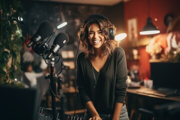 Influencer talking about professional video equipment in her studio set. - obrazy, fototapety, plakaty