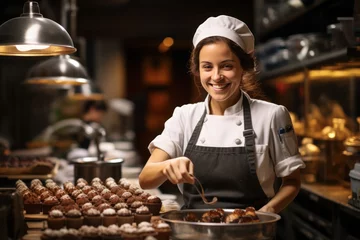 Foto op Plexiglas woman pastry chef wearing uniform holding a bowl preparing delicious sweets chocolates © sirisakboakaew