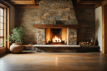 Front view of a natural stone wall in a house with the fireplace in front, wooden beams and floors Generative AI