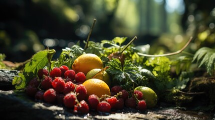 Create a realistic image of fruits in a forest