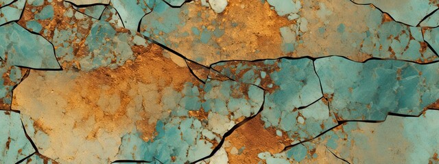 Seamless copper patina colored broken, cracked grunge background texture. Vintage antique weathered worn rusted bronze, brass abstract craquelure pattern. Golden kintsugi cracks