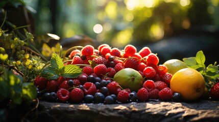 Create a realistic image of fruits in a forest