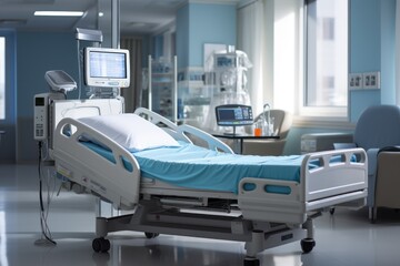 Nobody in hospital bed at clinical ward on modern floor with comfortable bed, monitor, medical equipment.