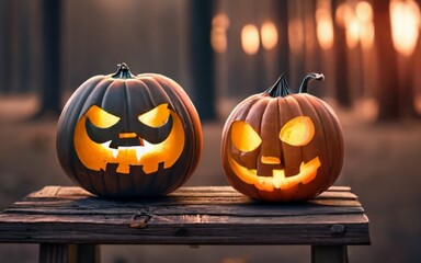 Halloween jack o lantern pumpkins with different evil faces in darkness at Halloween night generated Ai 