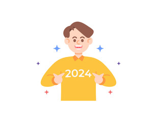A man is wearing a shirt or sweater bearing the numbers of 2024. Have fun and celebrate the new year 2024. revel. Participate and enjoy New Year's events, festivals, or celebrations. illustration